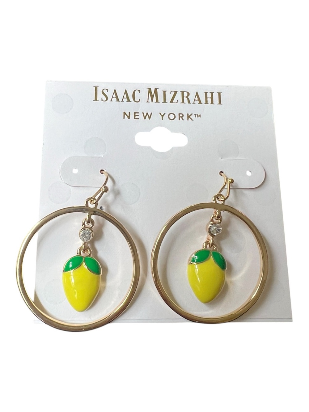 Isaac Mizrahi Gold Hoop Earrings with Yellow Lemon Charms and Green Leaves